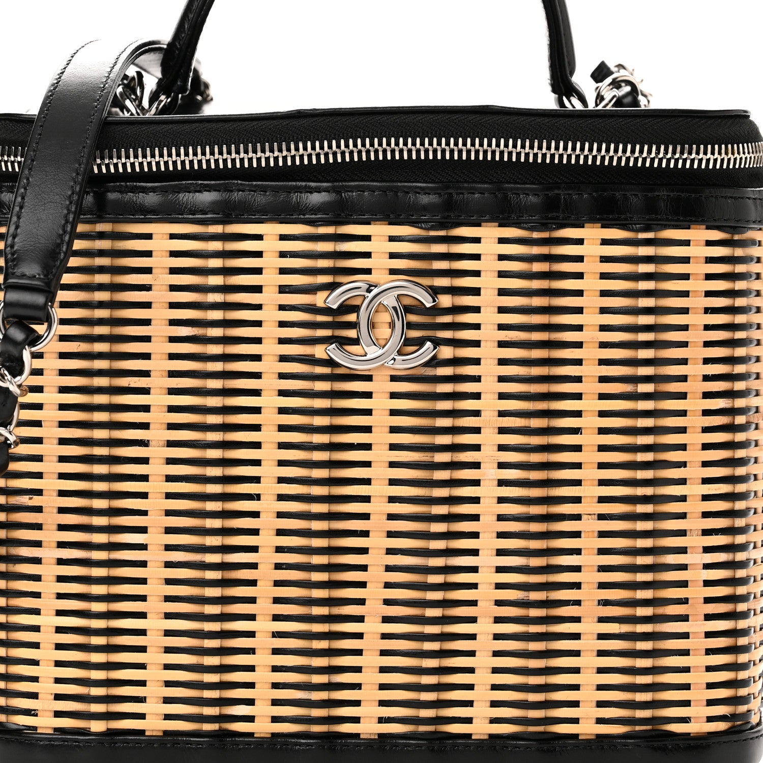 Chanel Glazed Calfskin Raffia Vanity Case Bag Black Beige 8 of 12