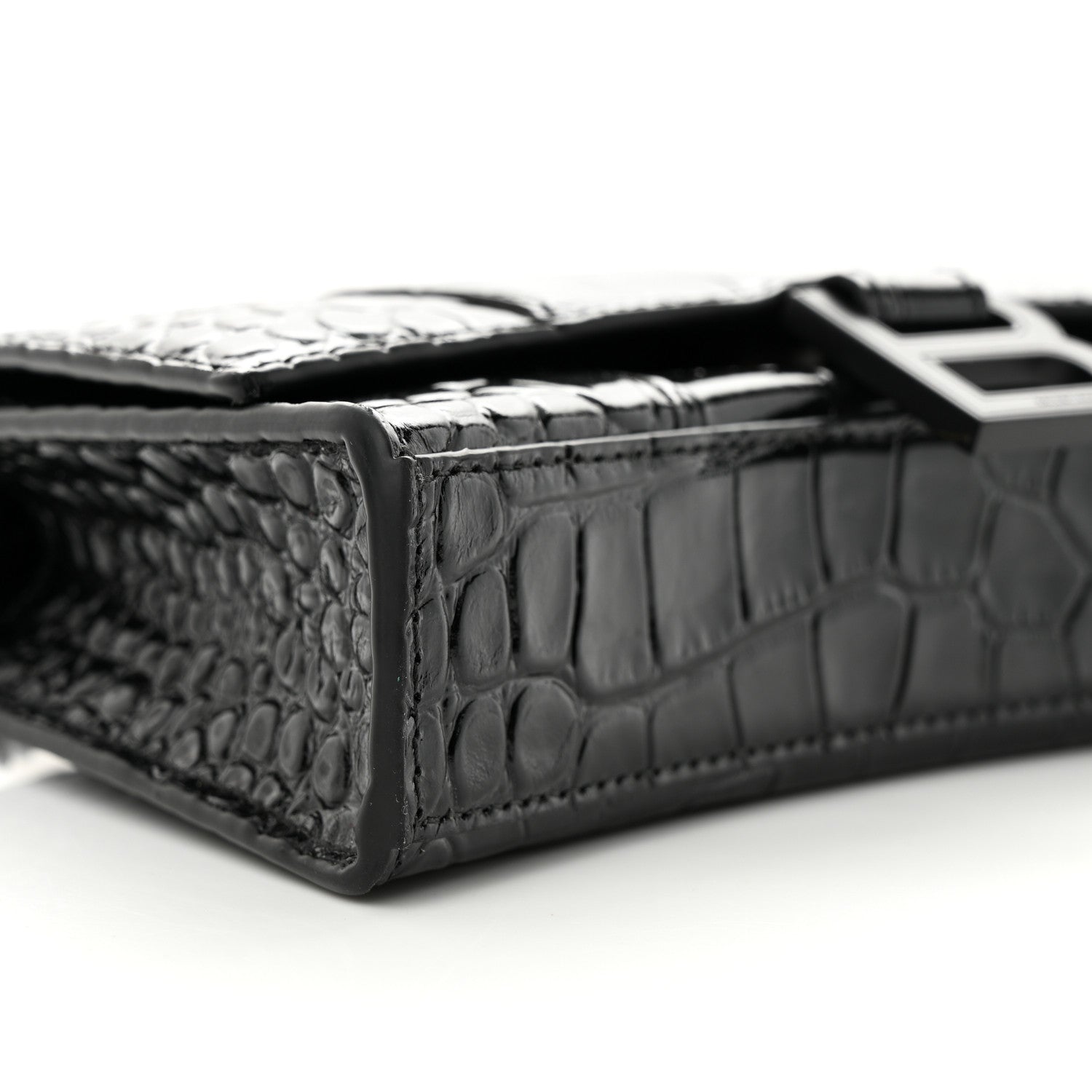 Balenciaga Shiny Calfskin Monochrome Crocodile Embossed Hourglass Chain Bag Black 8 of 9