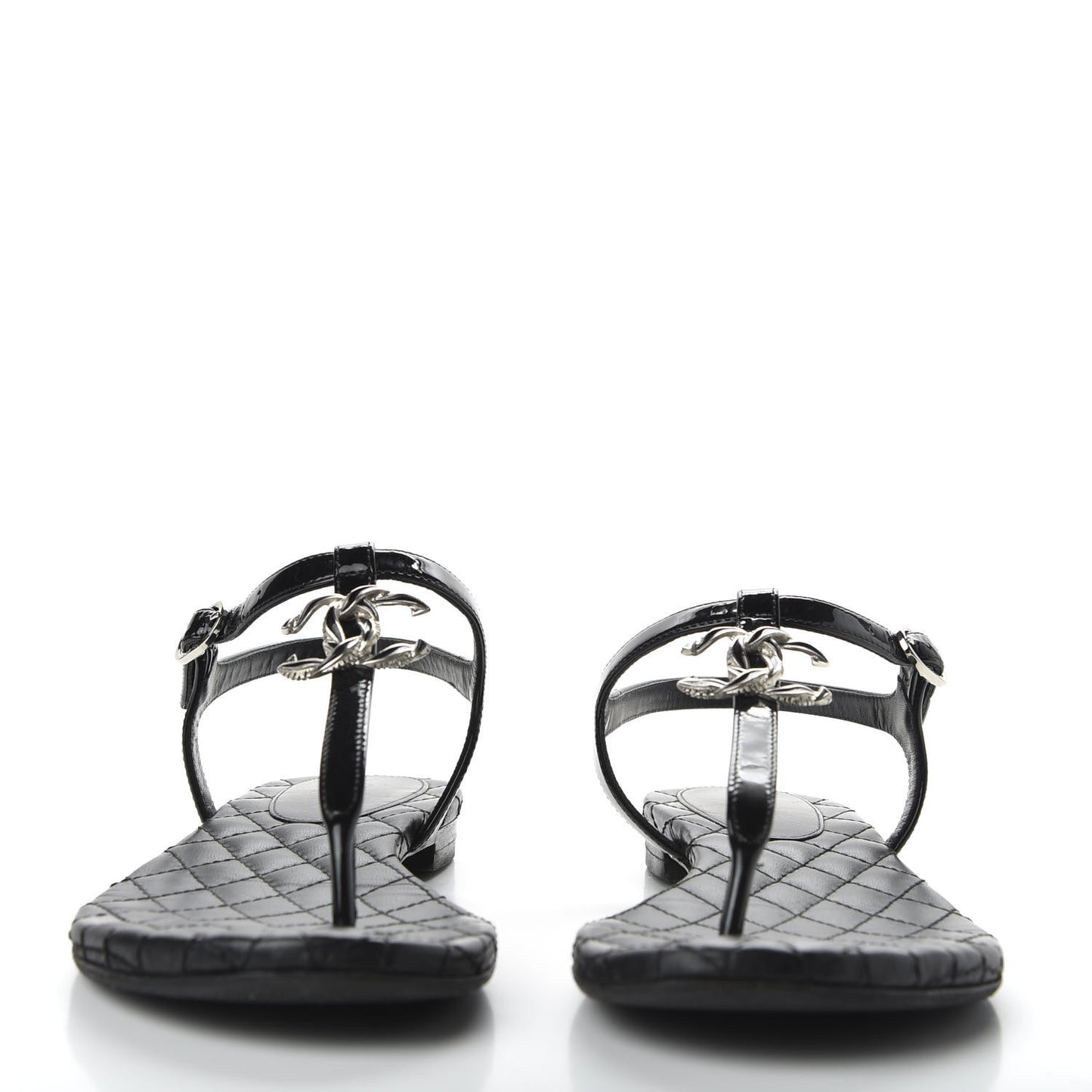 Patent Calfskin CC Chain Thong Sandals 35.5 Black