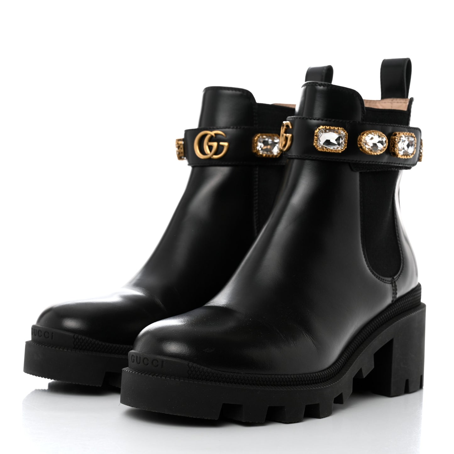 Calfskin Crystal GG Trip Chelsea Ankle Boots 36.5 Black