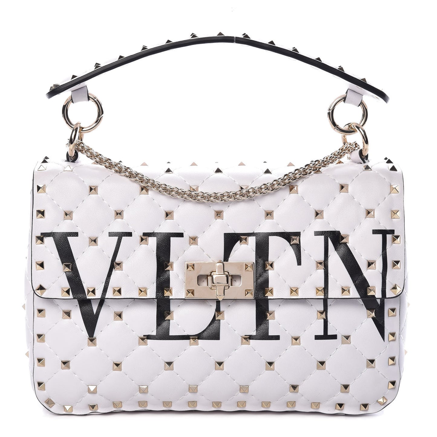 Lambskin VLTN Print Medium Rockstud Spike Shoulder Bag Optic White Black