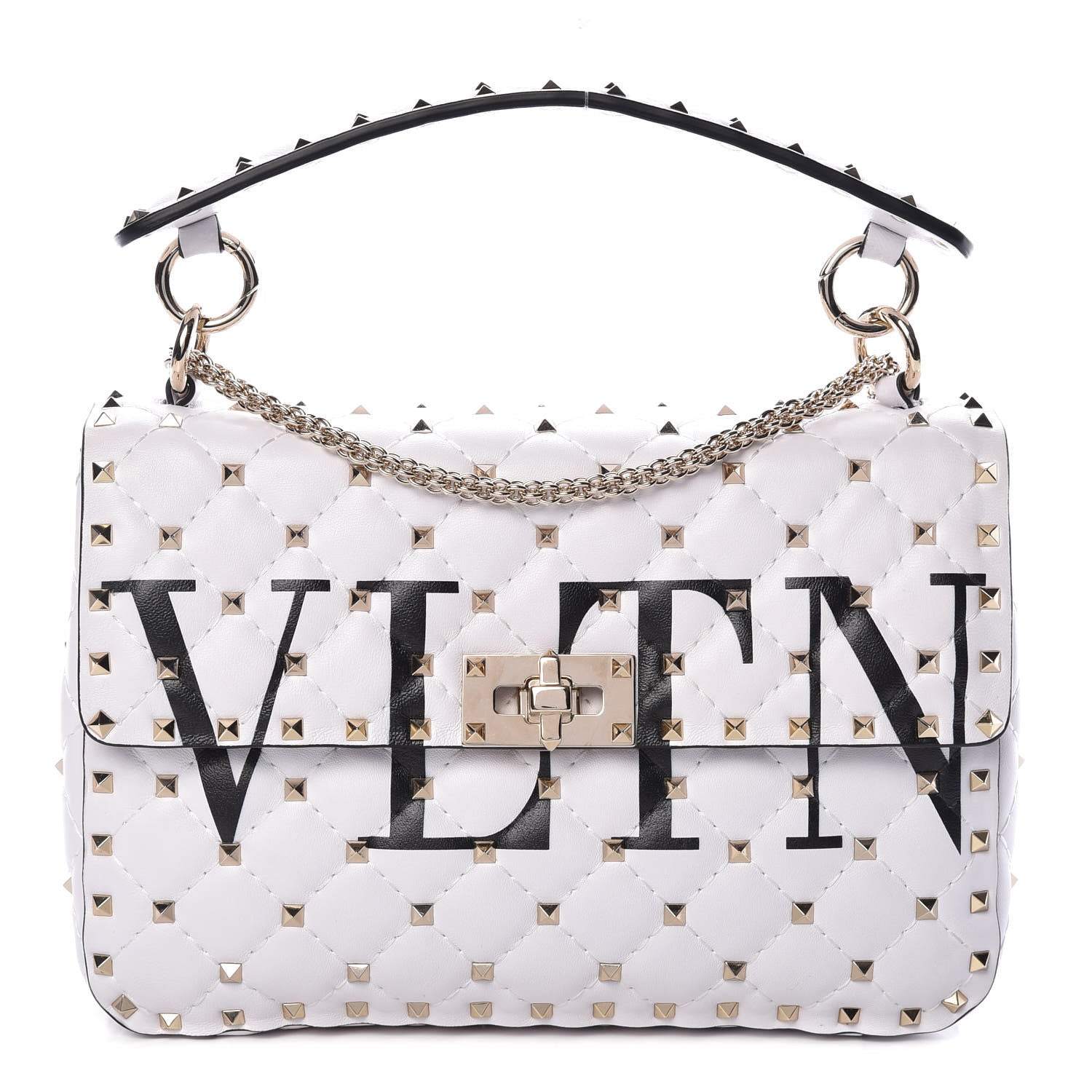 Valentino Garavani Lambskin VLTN Print Medium Rockstud Spike Shoulder Bag Optic White Black 1 of 8