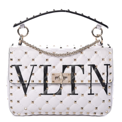 Valentino Garavani Lambskin VLTN Print Medium Rockstud Spike Shoulder Bag Optic White Black 1 of 8