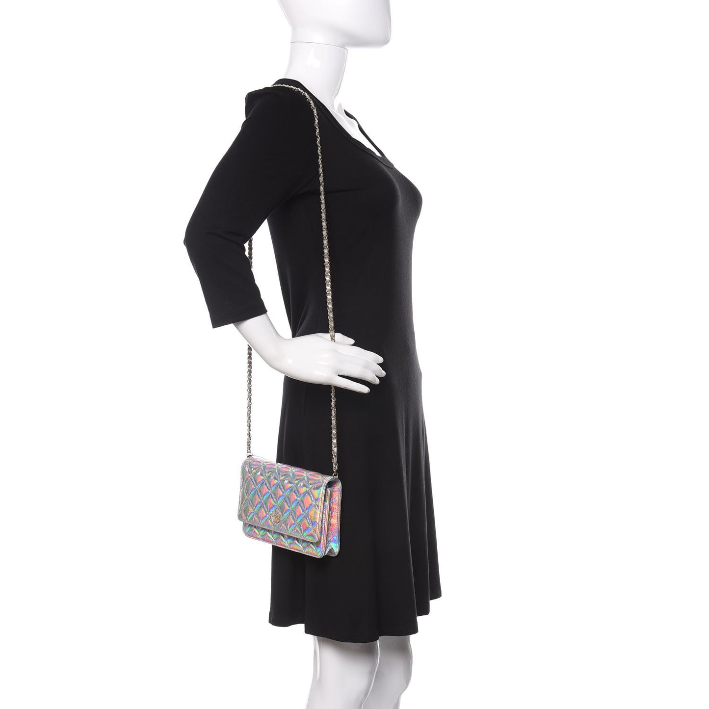 Iridescent Goatskin Quilted Wallet On Chain WOC Silver