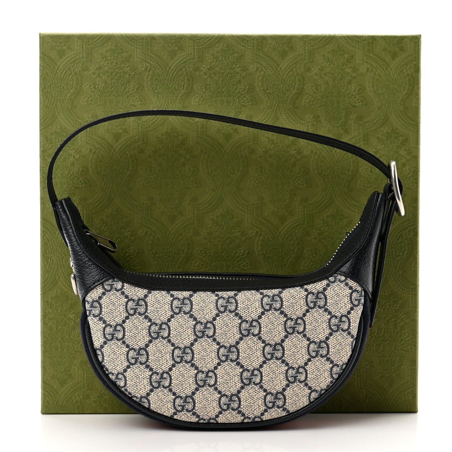 GG Supreme Monogram Textured Dollar Calfskin Web Mini Ophidia Half Moon Hobo Beige Blue