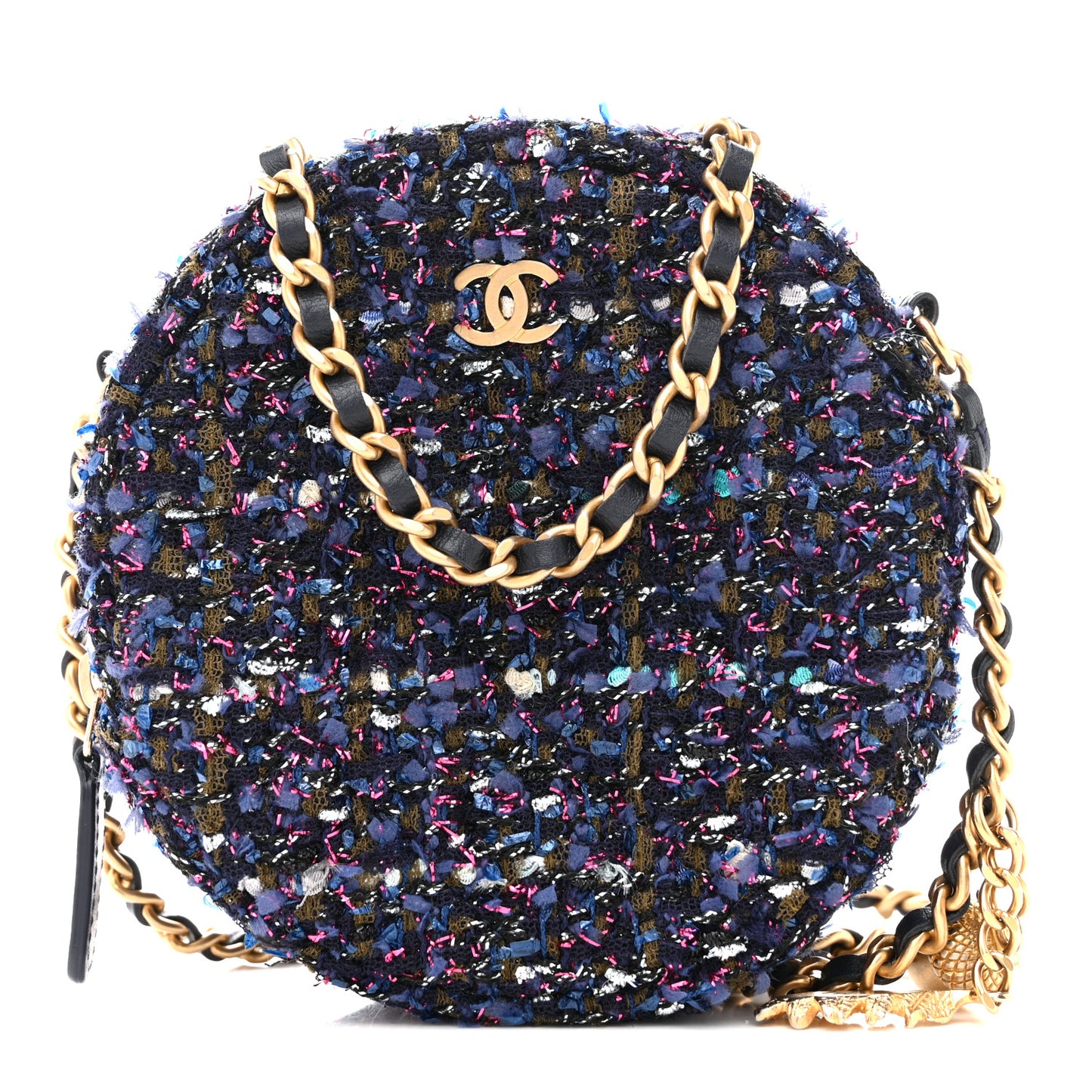 Tweed Quilted Round Clutch With Chain Multicolor