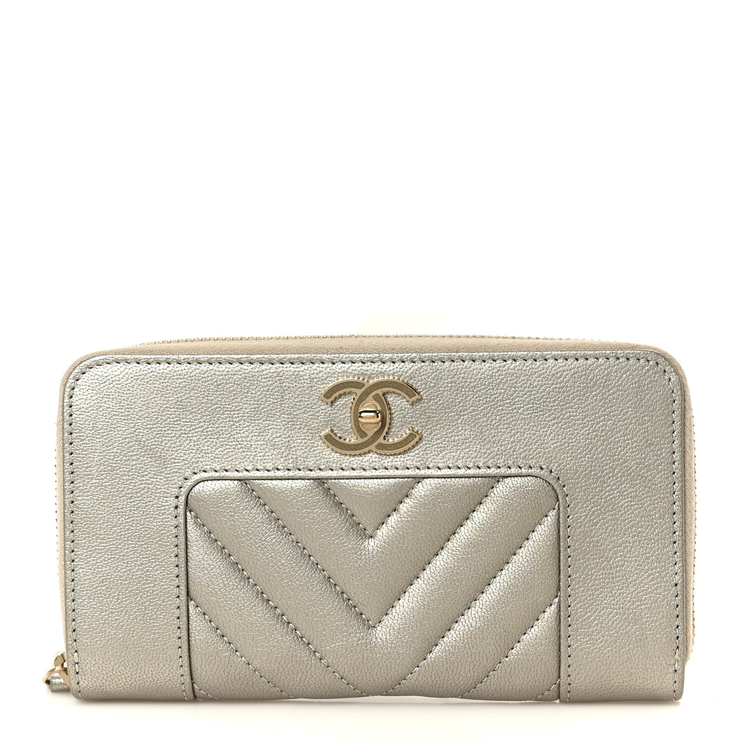 Chanel Metallic Sheepskin Chevron Quilted Medium Mademoiselle Vintage Zip Around Wallet Silver 1 of 10