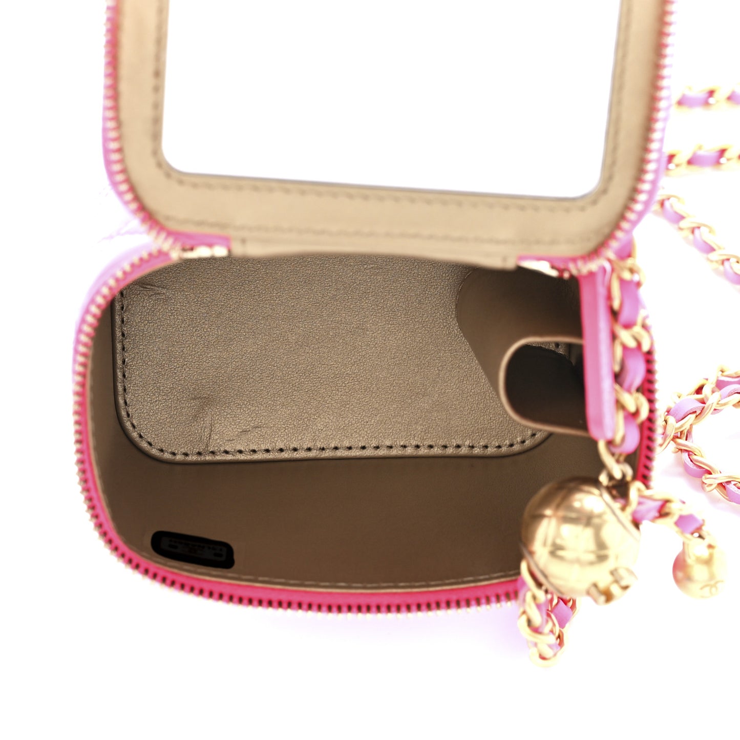 Patent Quilted Pearl Crush Mini Vanity Case With Chain Neon Pink
