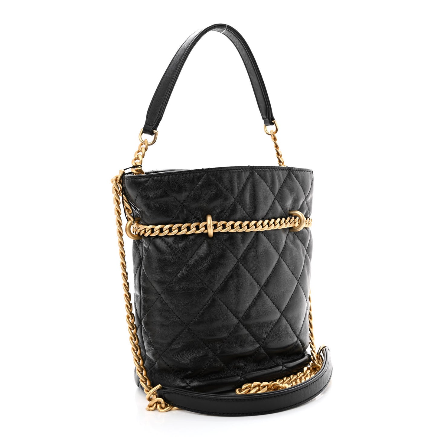 Lambskin Enamel Quilted Pending CC Bucket Drawstring Bag Black