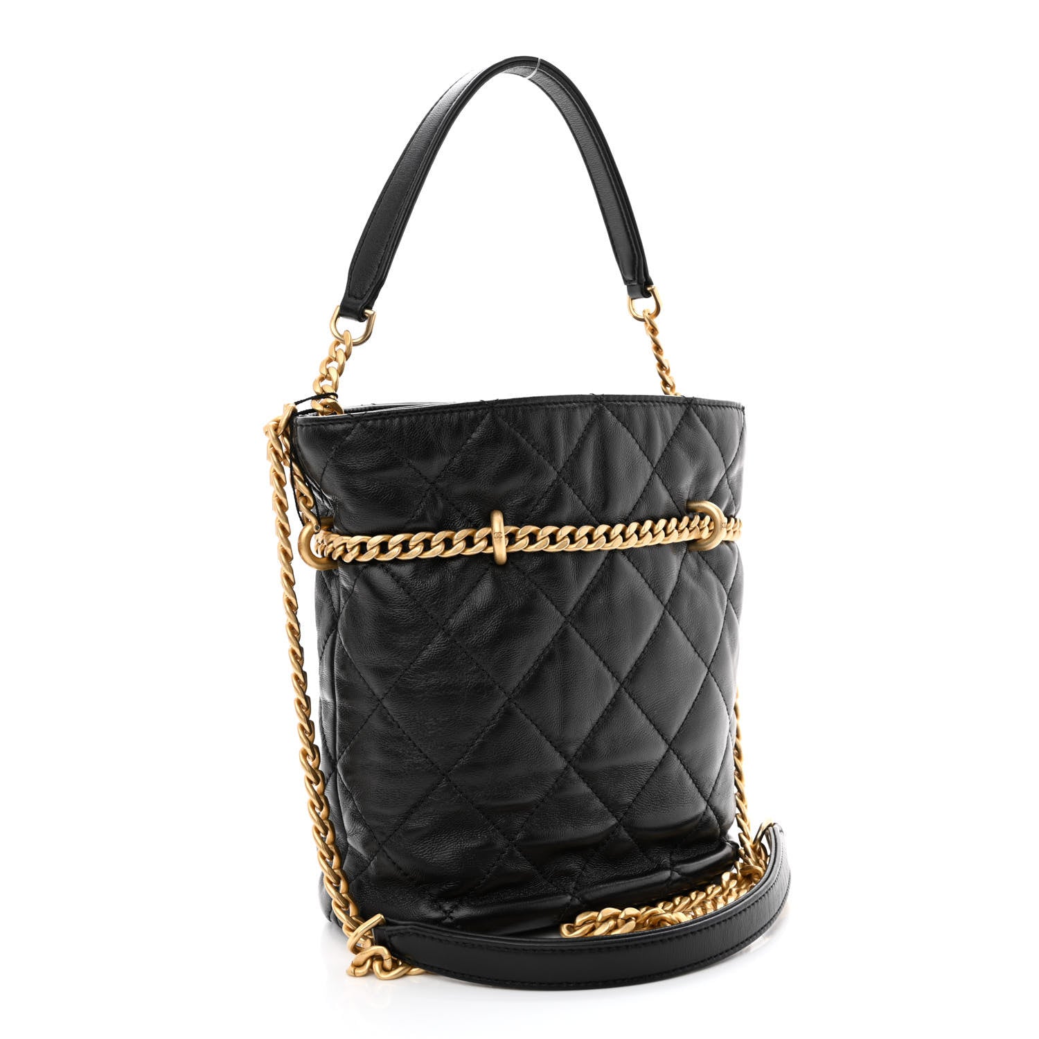 Chanel Lambskin Enamel Quilted Pending CC Bucket Drawstring Bag Black 3 of 11
