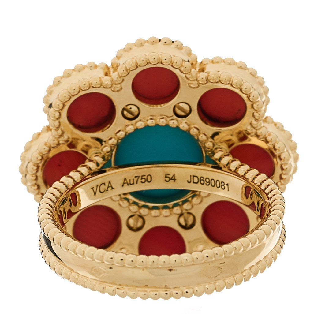 18K Yellow Gold Coral Turquoise Paquerette Ring 54 7
