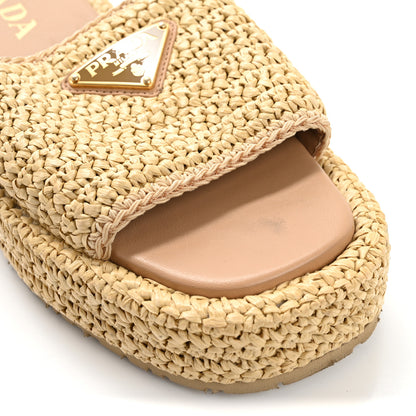 Prada Raffia Metal Triangle Logo Woven Flatform 35mm Slide Sandals 39 Naturale 14 of 17