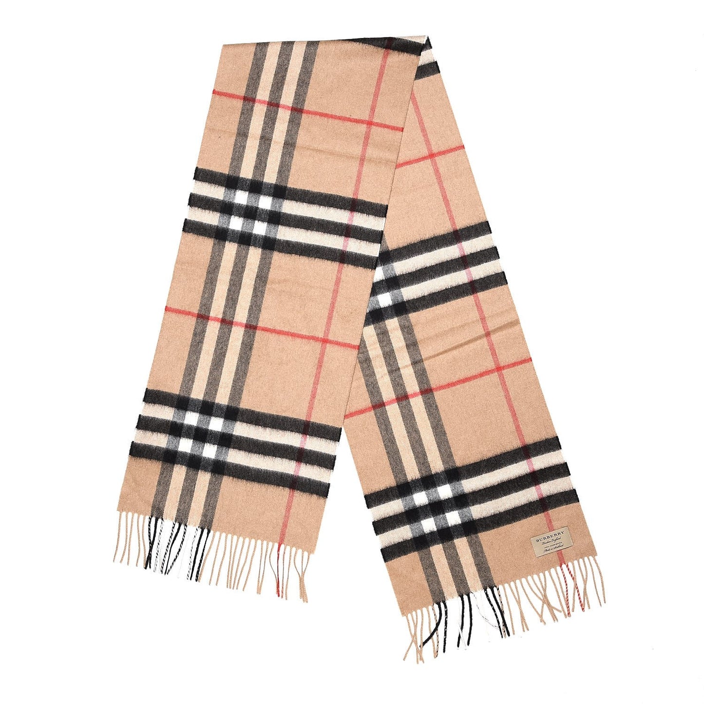 Cashmere Giant Check Fringe Scarf Camel