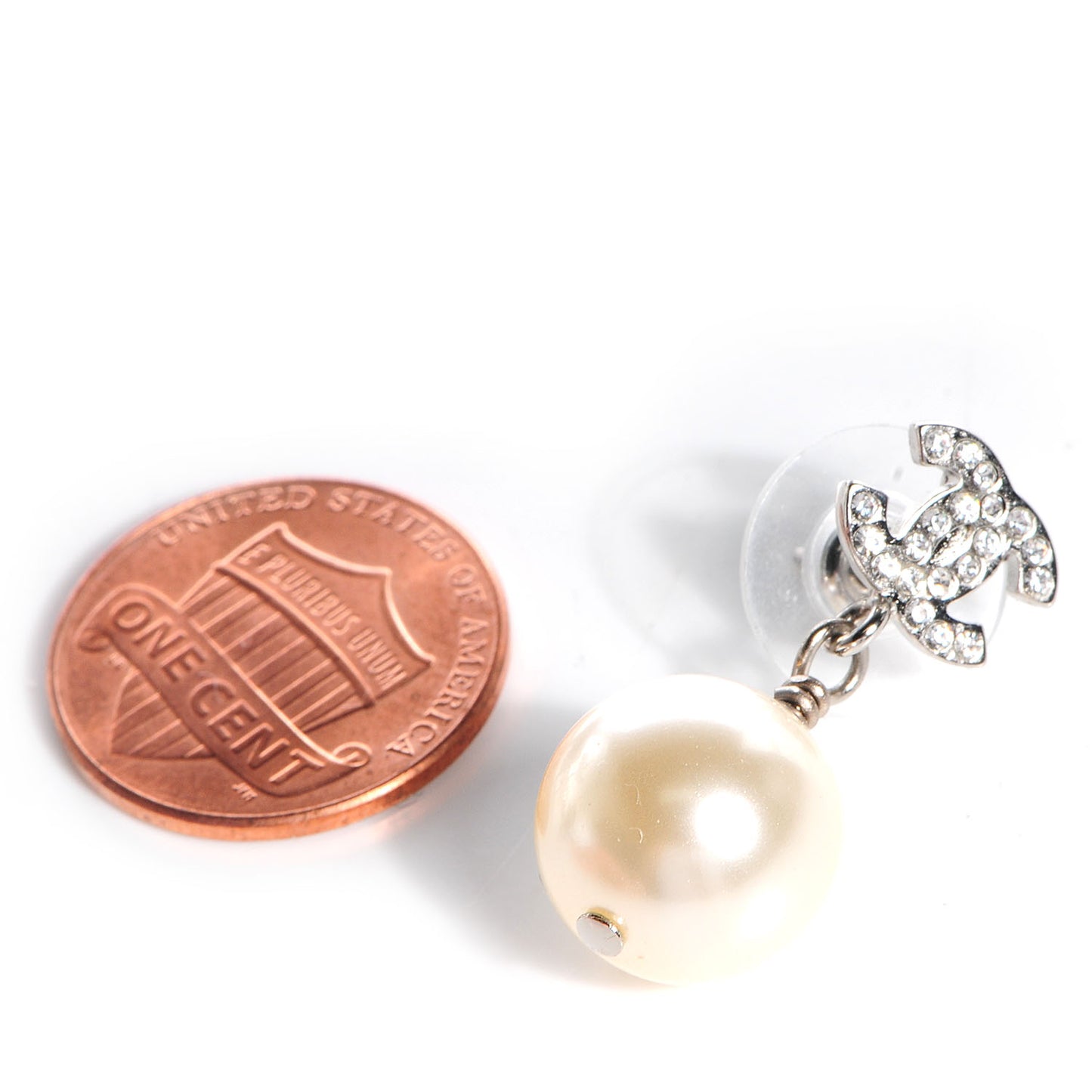 Crystal CC Pearl Dangle Earrings Silver