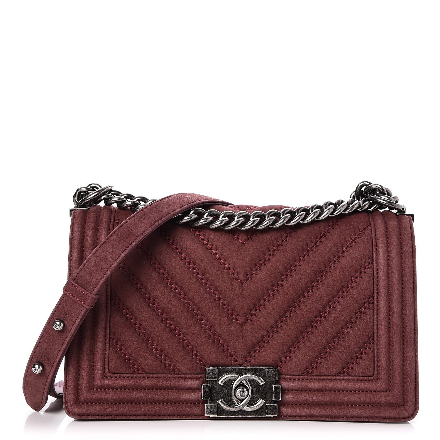 Chanel Nubuck Bull Chevron Quilted Medium Boy Flap Burgundy 1 of 8