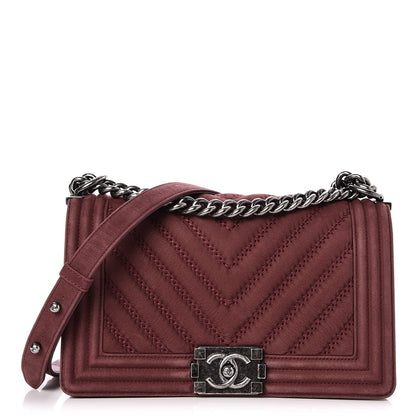 Chanel Nubuck Bull Chevron Quilted Medium Boy Flap Burgundy 1 of 8