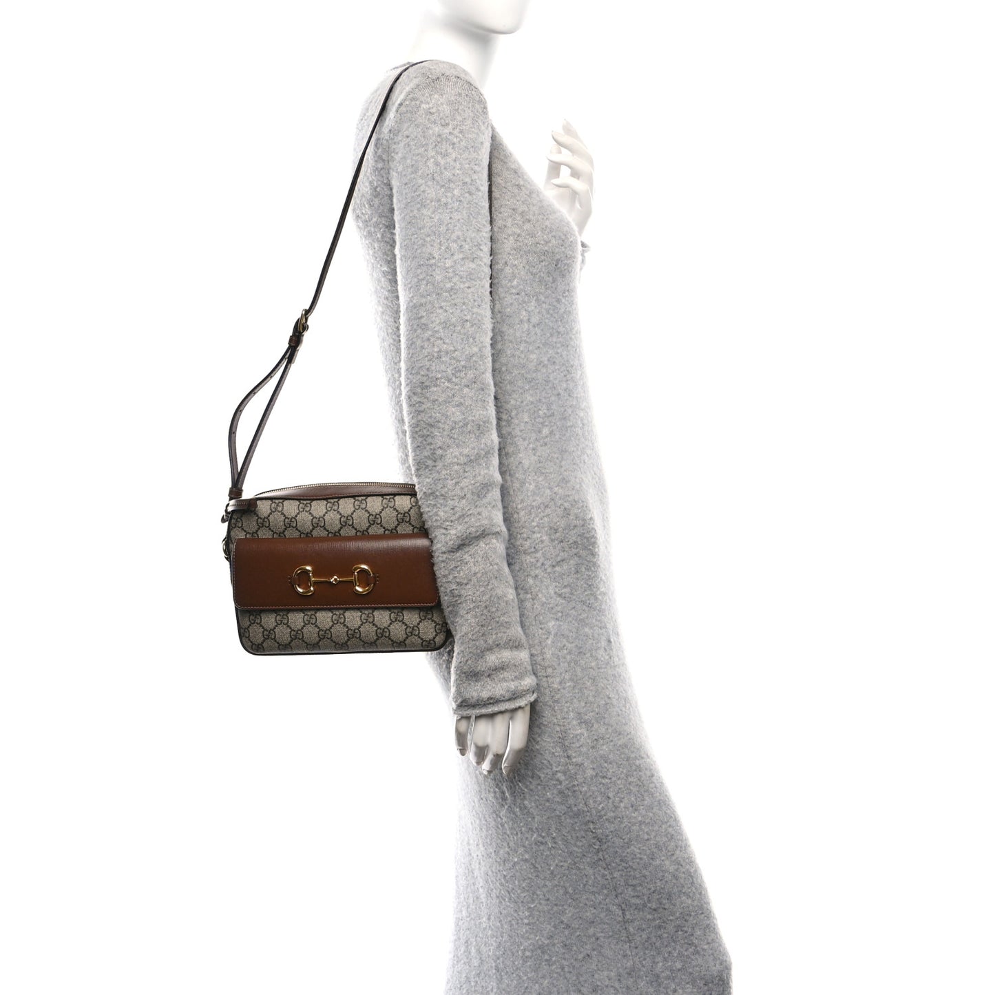 GG Supreme Monogram Small Horsebit 1955 Shoulder Bag Beige Brown Sugar
