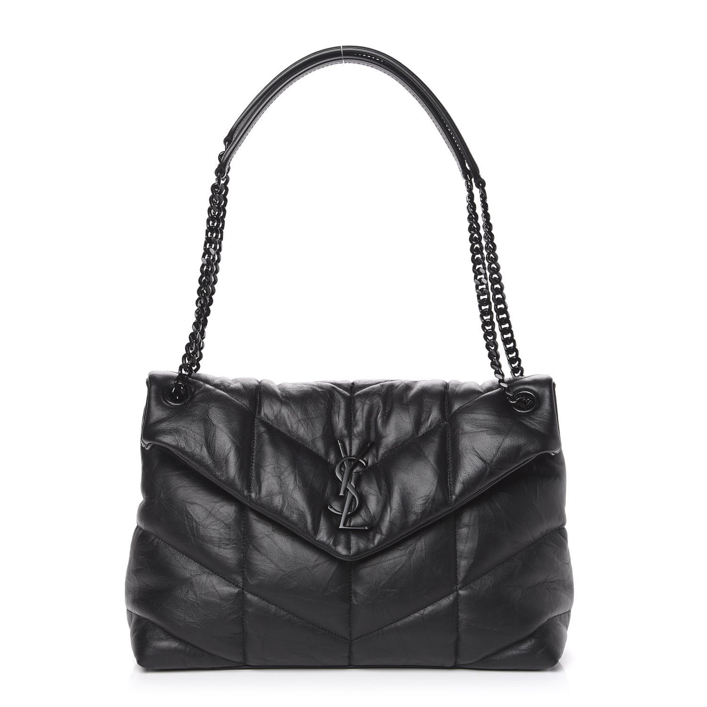 Lambskin Quilted Medium Loulou Puffer Monogram Chain Satchel Black