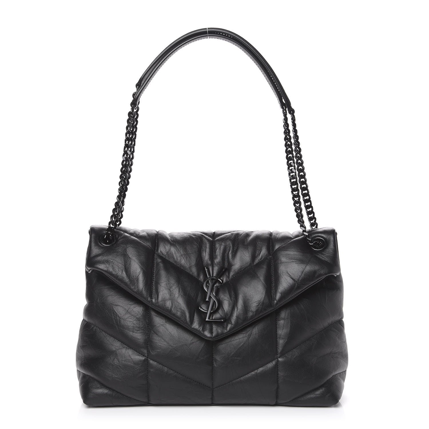 Saint Laurent Lambskin Quilted Medium Loulou Puffer Monogram Chain Satchel Black 1 of 8