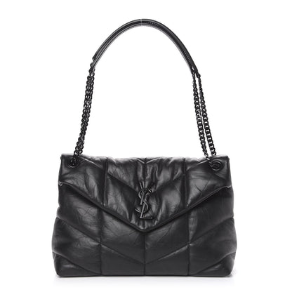 Saint Laurent Lambskin Quilted Medium Loulou Puffer Monogram Chain Satchel Black 1 of 8