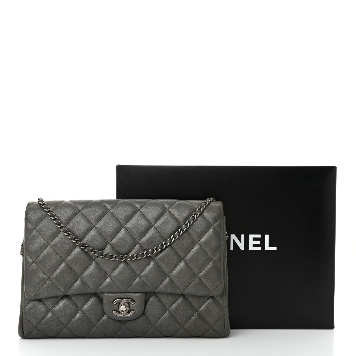 Iridescent Calfskin Quilted Clutch with Chain Flap Dark Grey