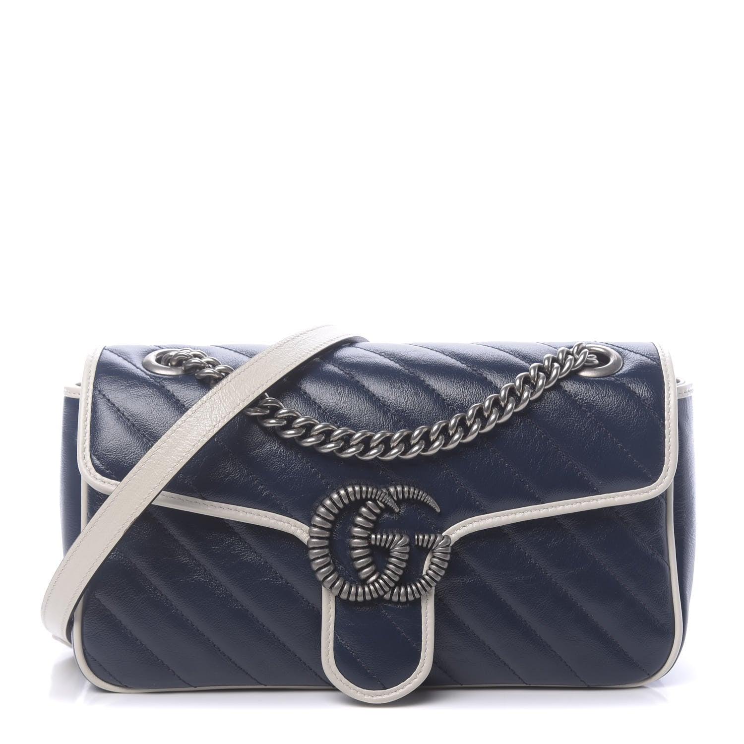Gucci Vintage Effect Calfskin Matelasse Diagonal Small Torchon GG Marmont Shoulder Bag Blue Agata Mystic White 1 of 10