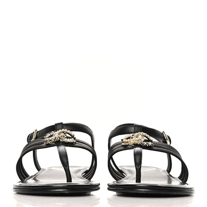 Chanel Lambskin Pearl Crystal CC Thong Sandals 38.5 Black 3 of 9