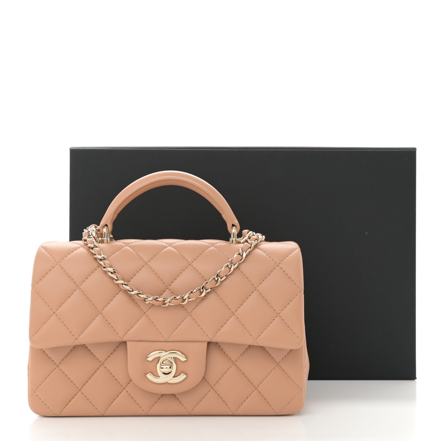 Lambskin Quilted Mini Top Handle Rectangular Flap Beige
