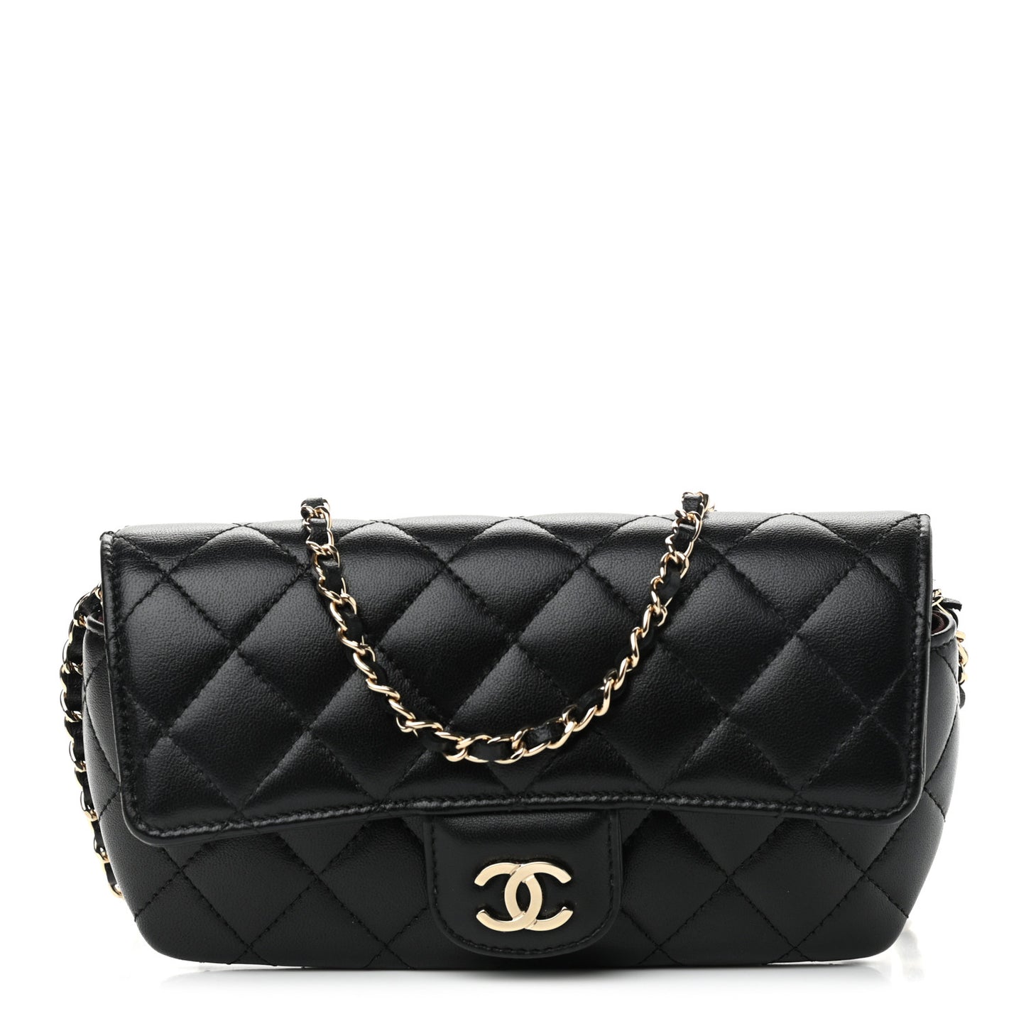 Lambskin Quilted Glasses Case With Chain Black