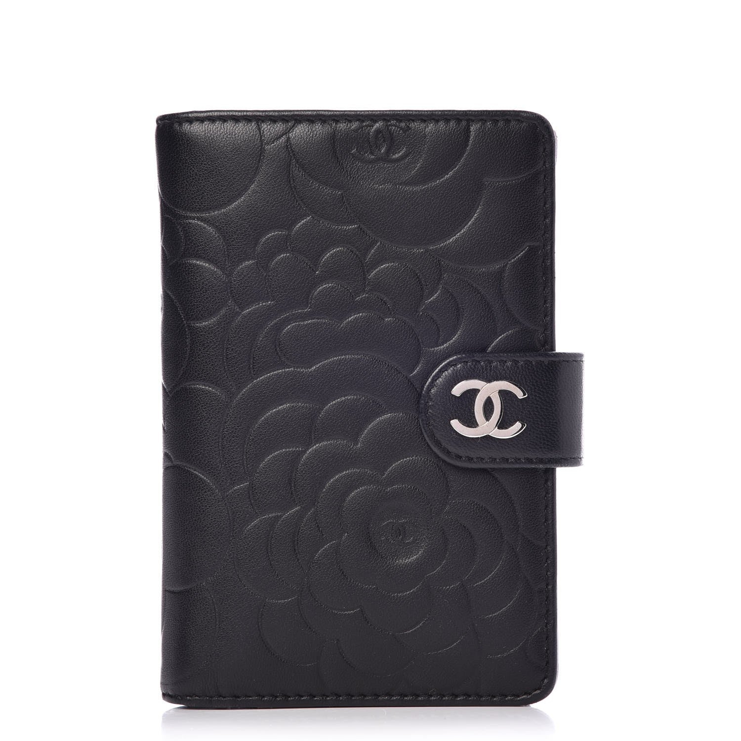 Chanel Lambskin Camellia Embossed Zipped Pocket Wallet Black 1 of 9