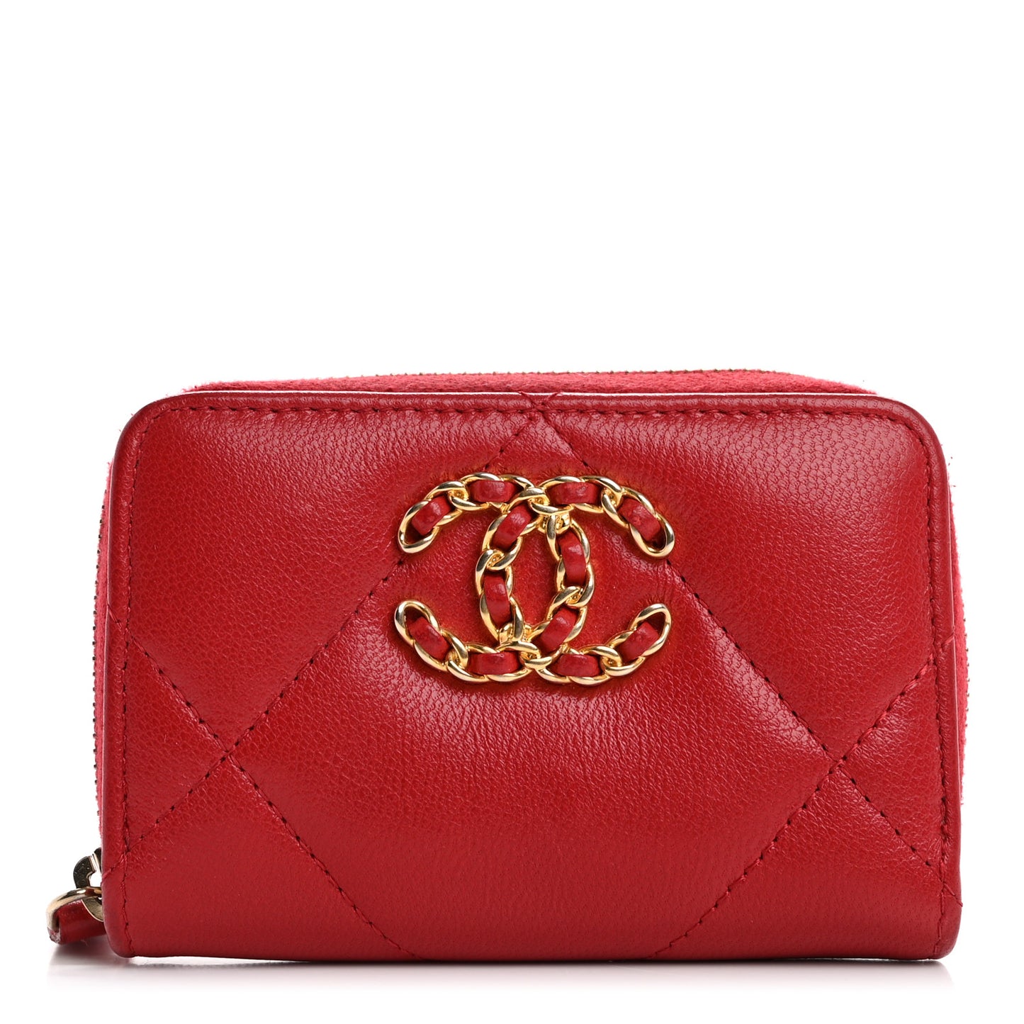 Goatskin Quilted Chanel 19 Zip Around Coin Purse Wallet Red
