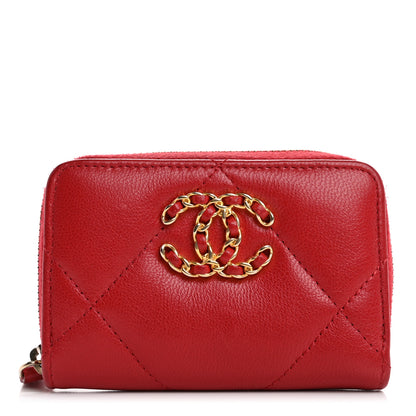 Chanel Goatskin Quilted Chanel 19 Zip Around Coin Purse Wallet Red 1 of 8