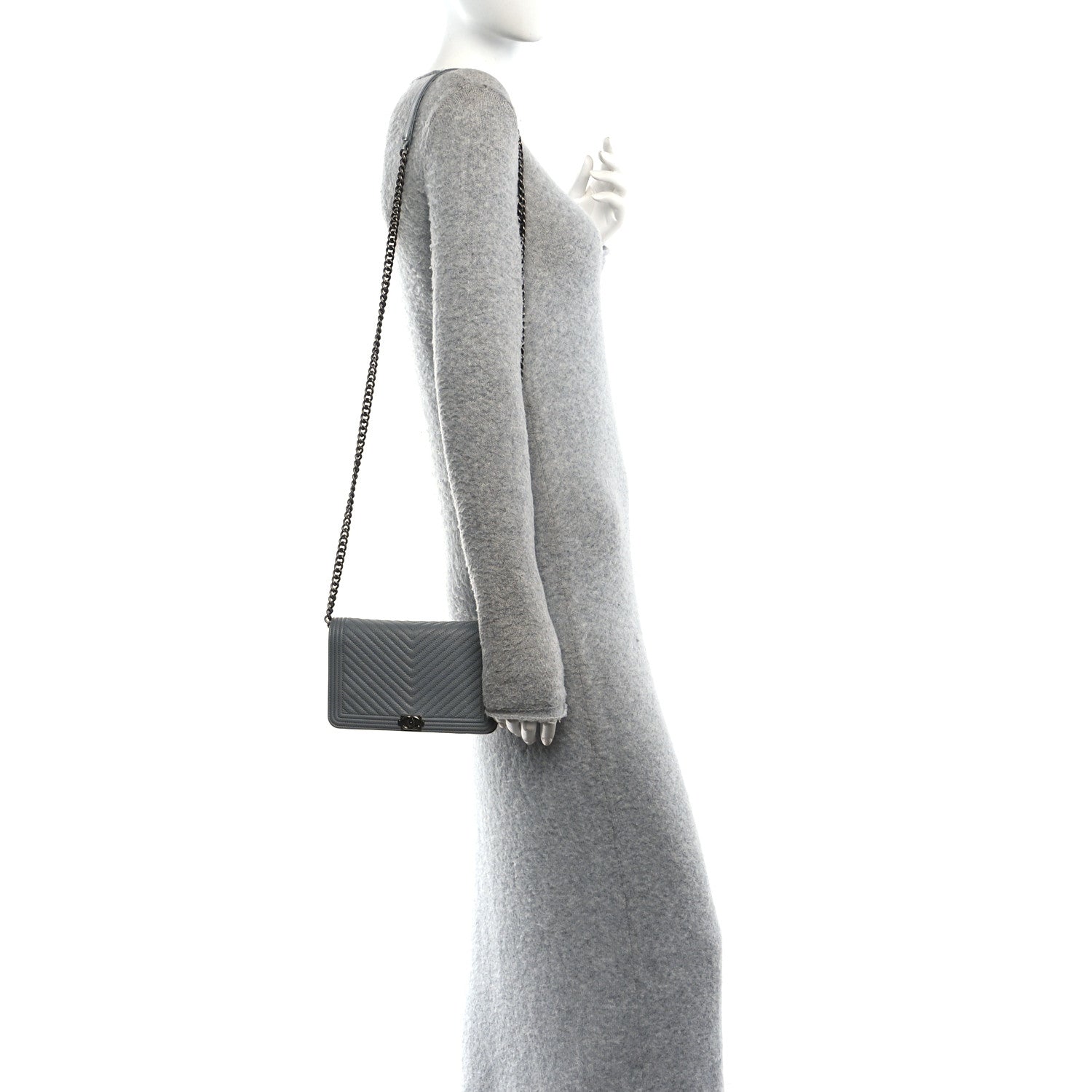 Chanel Caviar Chevron Quilted Boy Wallet On Chain WOC Grey 2 of 12