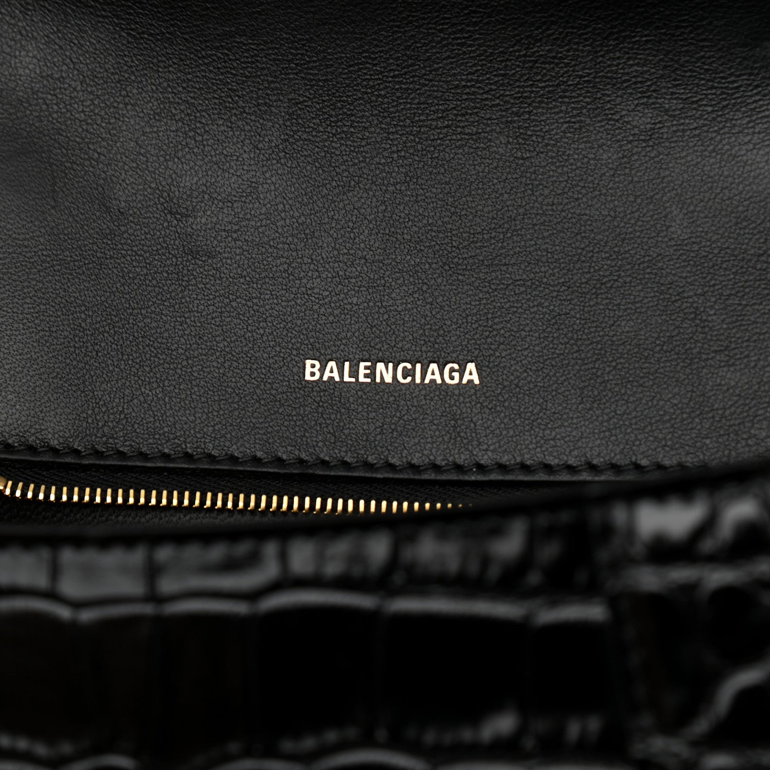 Balenciaga Shiny Calfskin Crocodile Embossed Small Hourglass Top Handle Bag Black 6 of 10