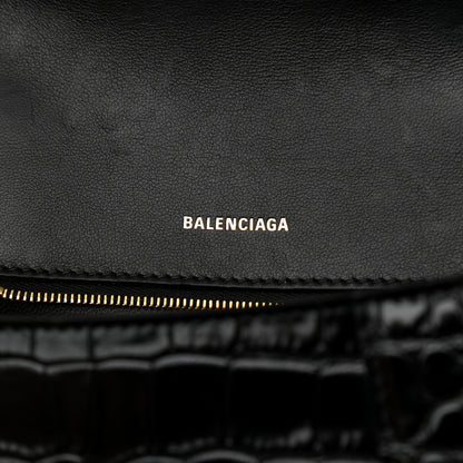 Balenciaga Shiny Calfskin Crocodile Embossed Small Hourglass Top Handle Bag Black 6 of 10