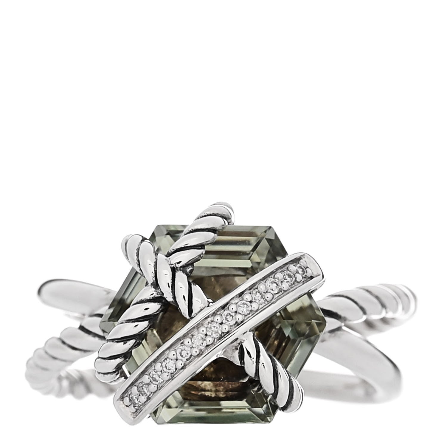 David Yurman Sterling Silver Diamond Prasiolite 10mm Cable Wrap Ring 50 5.25 1 of 5