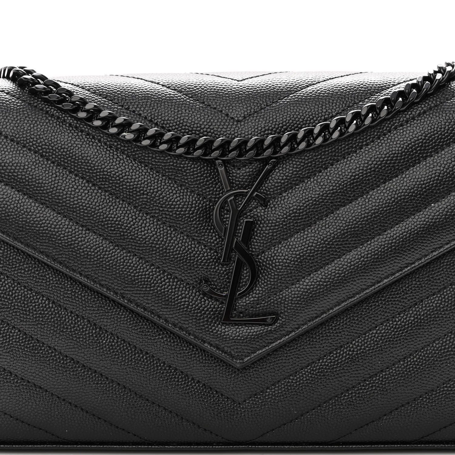 Saint Laurent Grain De Poudre Matelasse Chevron Monogram Monochrome Envelope Chain Wallet Black 7 of 11