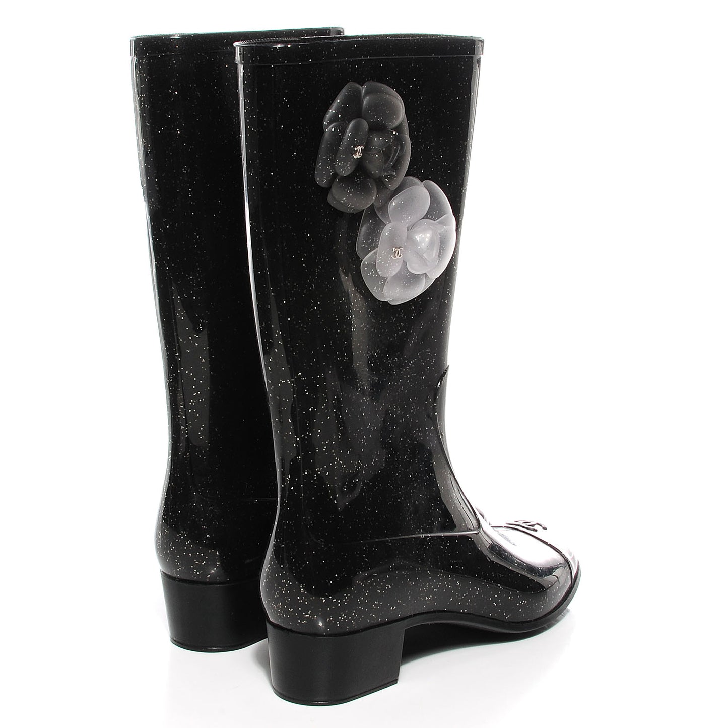 Rubber Glitter Camellia Rain Boots 39 Black