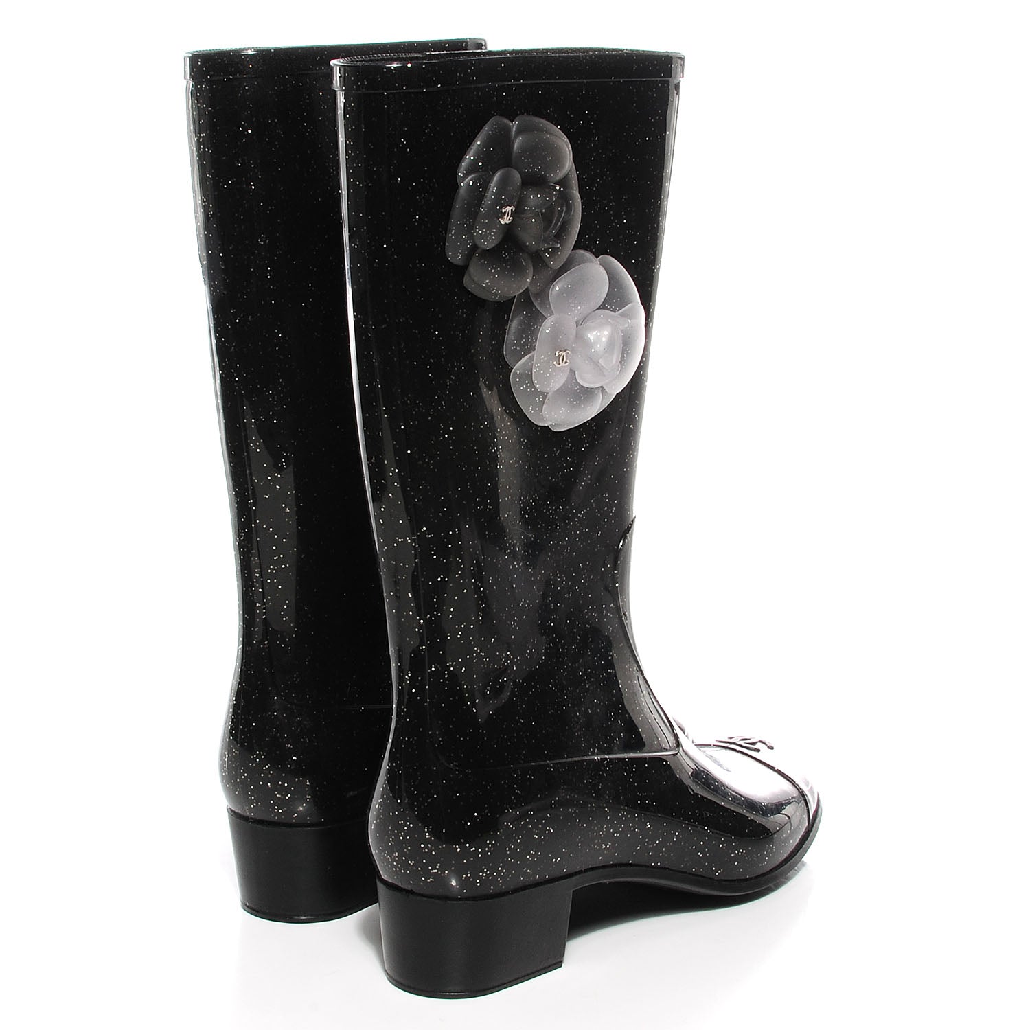 Chanel Rubber Glitter Camellia Rain Boots 39 Black 4 of 7