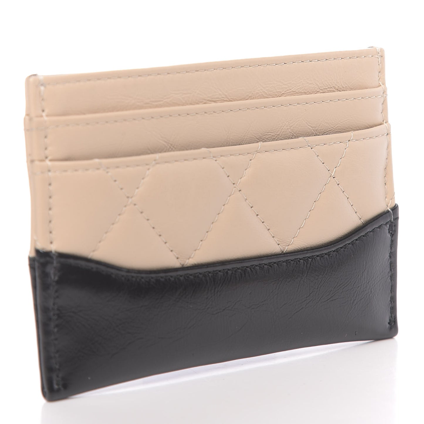 Aged Calfskin Quilted Gabrielle Card Holder Wallet Beige Black