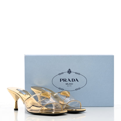 Prada Plexiglass Metallic Calfskin Metal Triangle Logo 65mm Slide Sandals 38.5 Platino 10 of 10