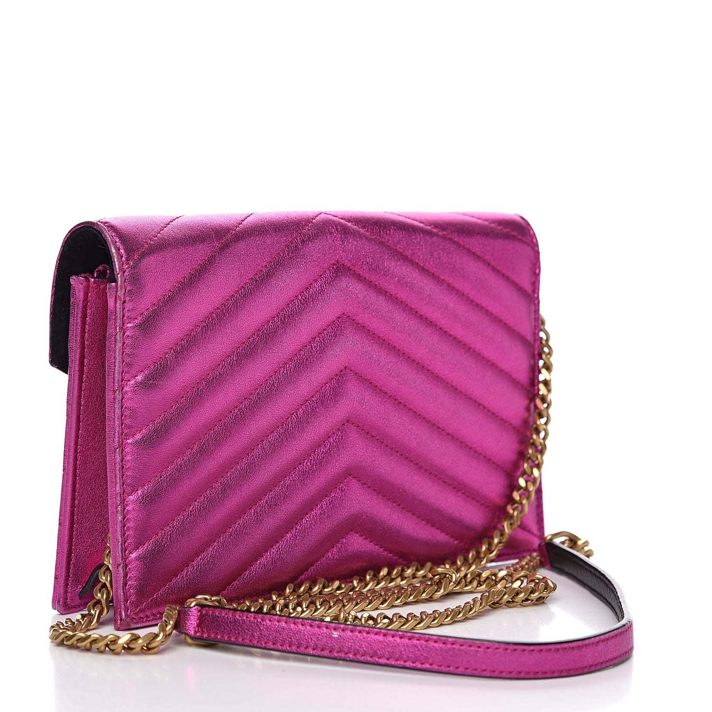 Metallic Calfskin Matelasse Chevron Monogram Envelope Chain Wallet Fuchsia