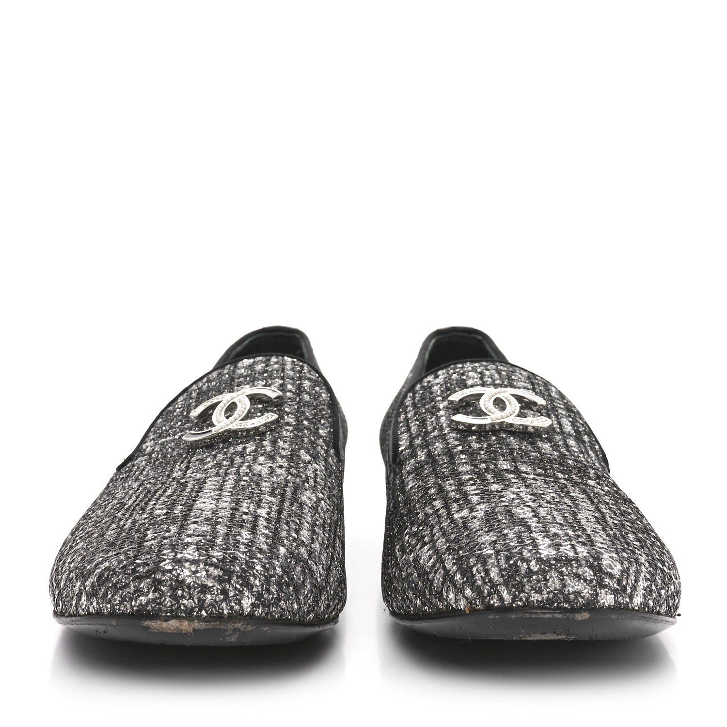 Chanel Fantasy Fabric Grosgrain CC Mocassin Loafers 37.5 Silver Black 3 of 9