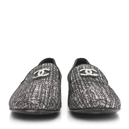 Chanel Fantasy Fabric Grosgrain CC Mocassin Loafers 37.5 Silver Black 3 of 9