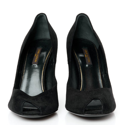 Louis Vuitton Suede Crystal Peep Toe Wedge 37 Black 2 of 8
