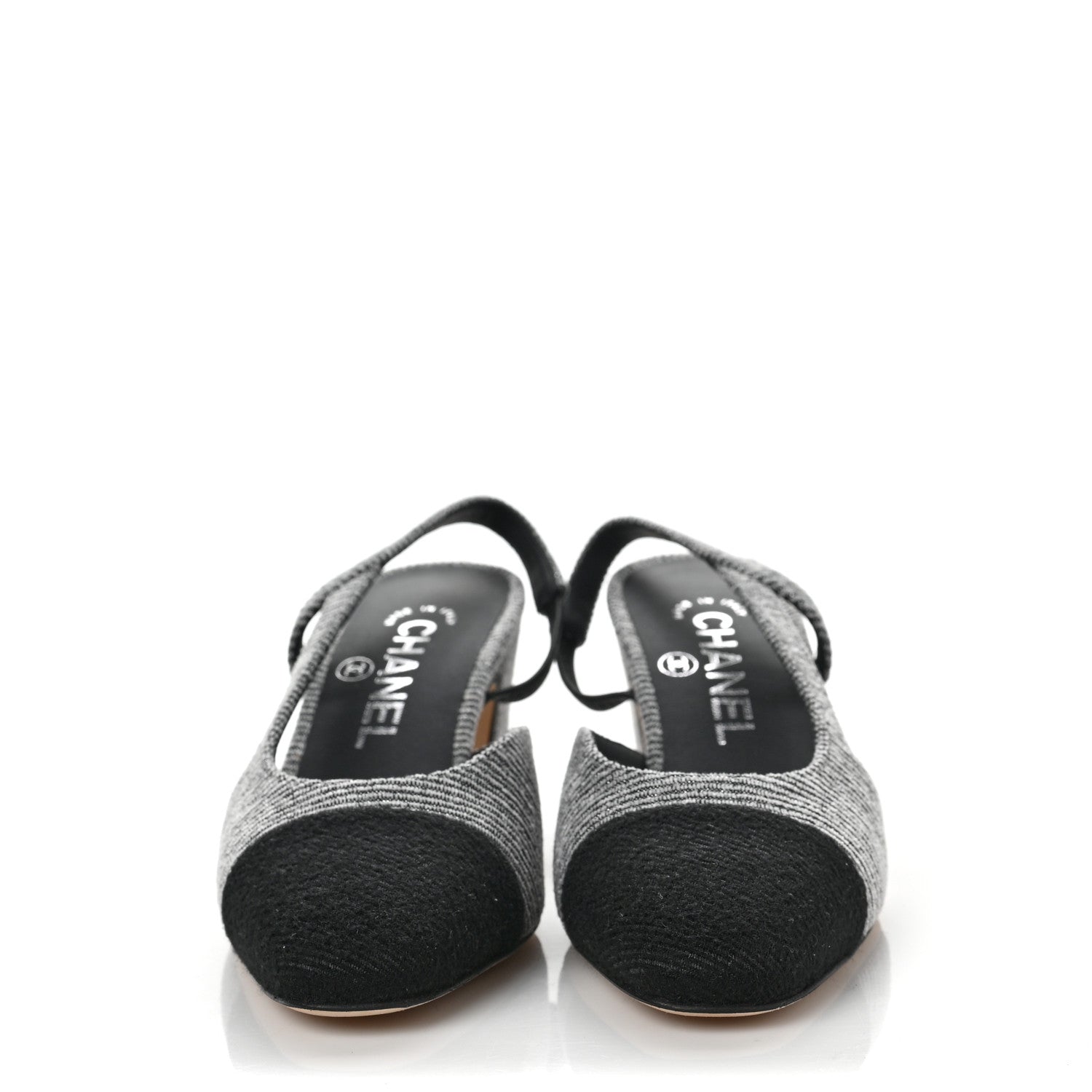 Chanel Tweed Cap Toe CC Slingback Pumps 35 Black Grey 2 of 7