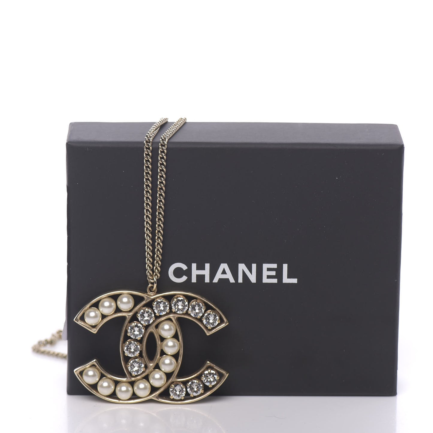 Crystal Pearl CC Pendant Necklace Gold