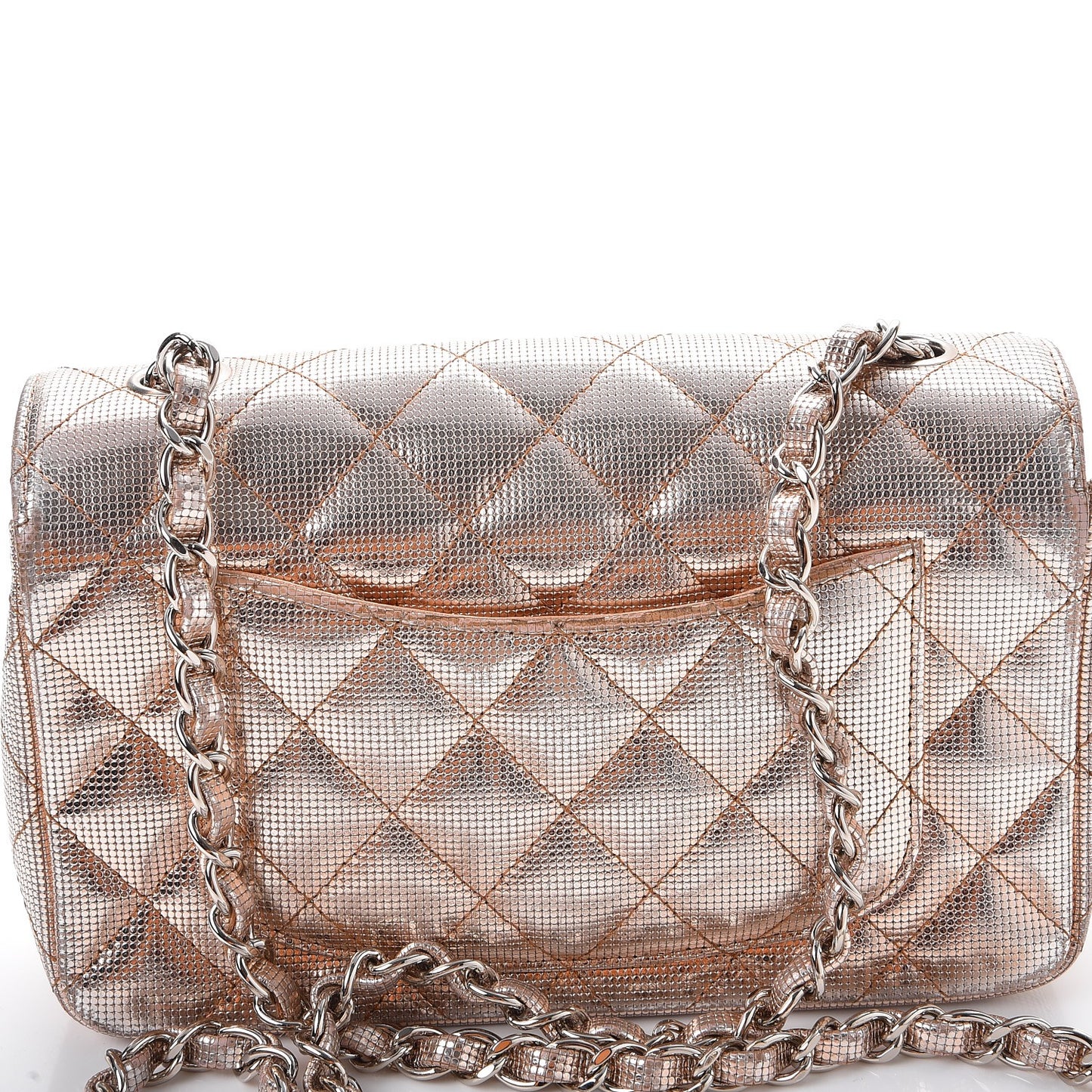 Metallic Calfskin Quilted Pixel Effect Mini Rectangular Flap Pink Gold