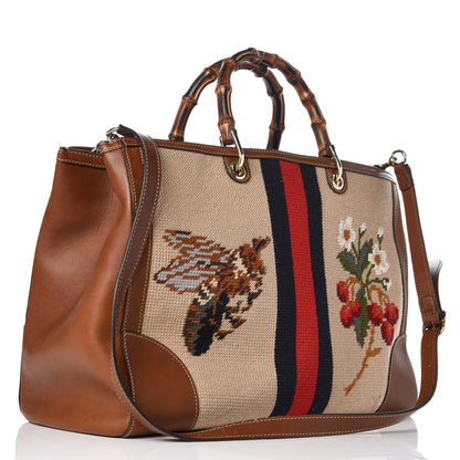 Gucci Canvas Blooms Embroidered Large Bamboo Shopper Tote Brown 4 of 11