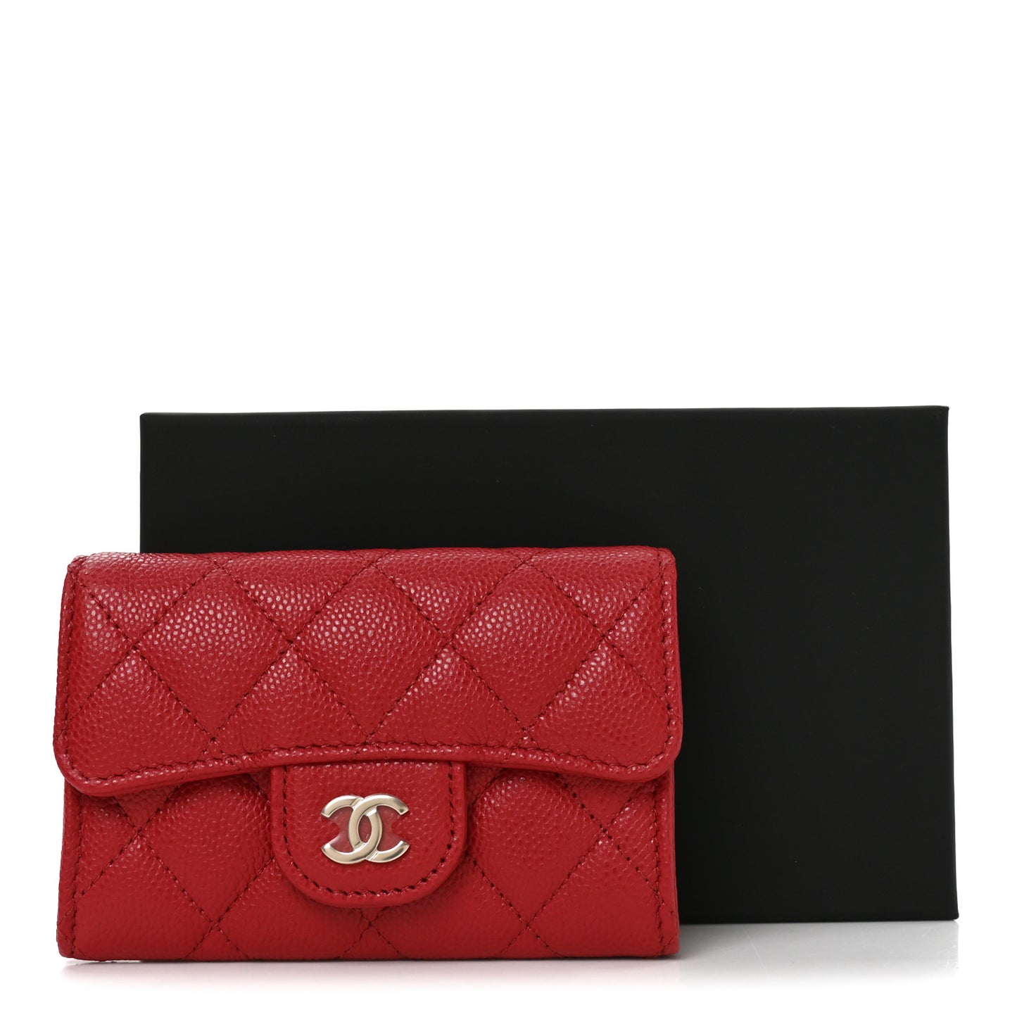 Caviar Quilted Flap Card Holder Wallet Red